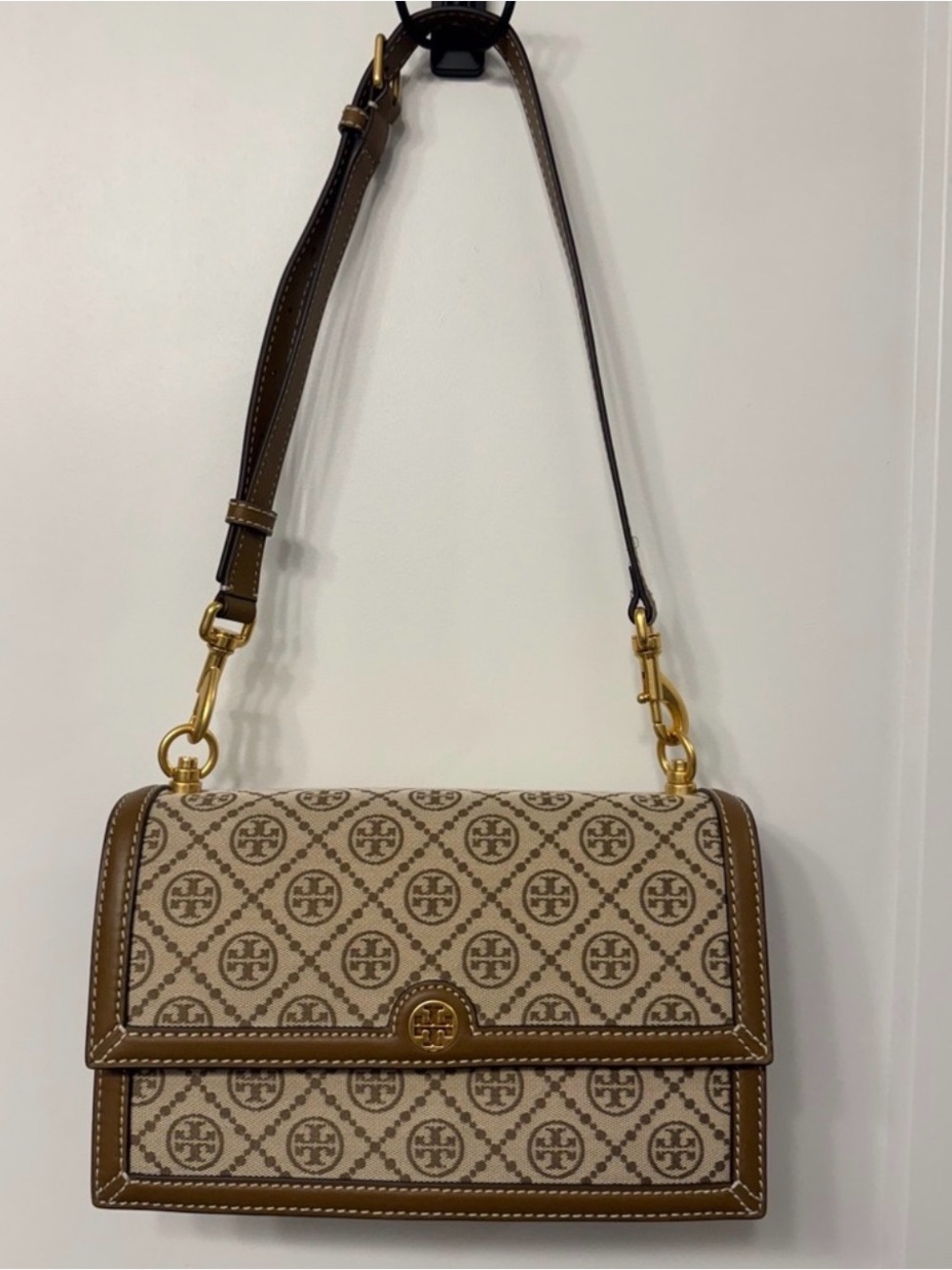 Tory Burch Beige and Brown Canvas Logo Shoulder Bag with Gold Hardware